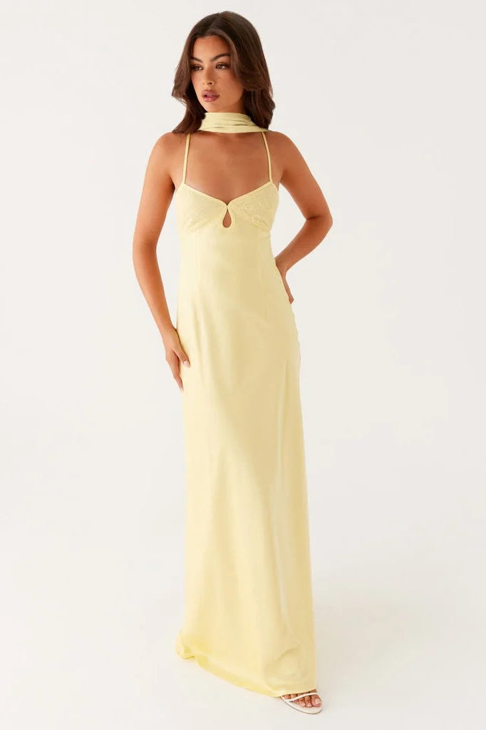 Vestido de Satén Escote en V y Espalda Anudada
