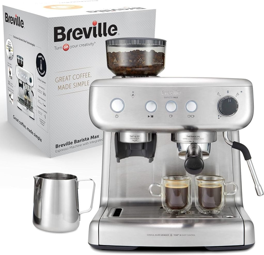 Breville Barista Max Cafetera espresso con portafiltro – Molinillo integrado y espumador de leche – Depósito 2,8 L – Bomba italiana 15 bar – Acero…