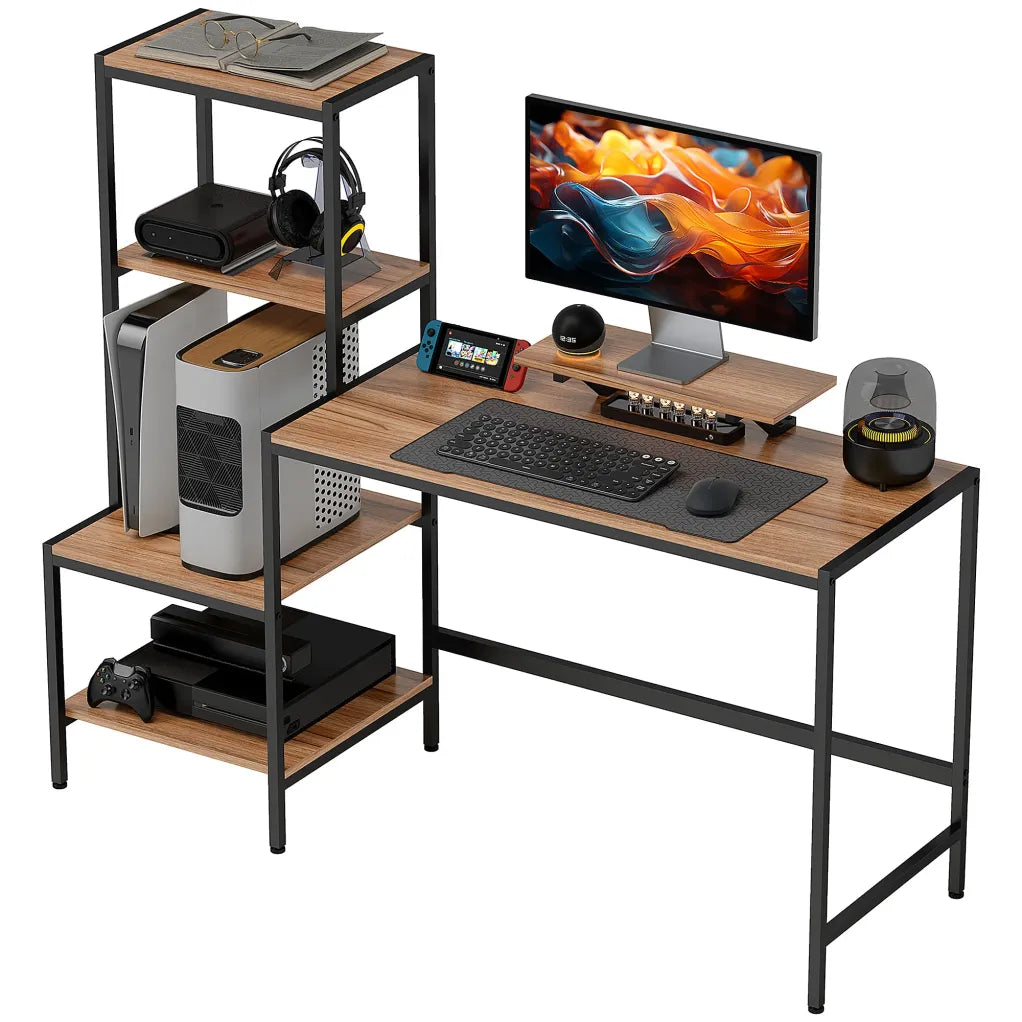 HOMCOM Escritorio para ordenador con soporte de monitor y 4 estantes – 150 × 48 × 125 cm