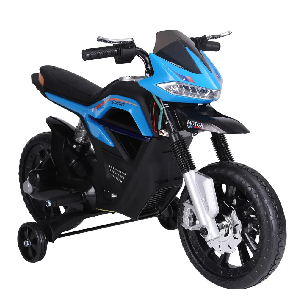 HOMCOM Moto eléctrica infantil con luz, música y ruedines – Azul